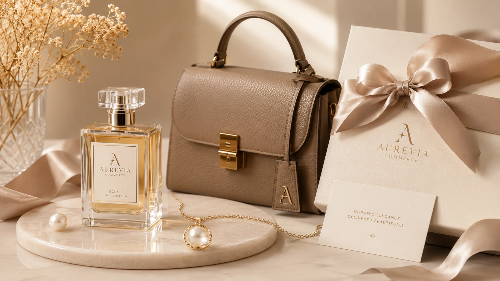 Aurevia perfume, leather handbag and luxury gift packaging